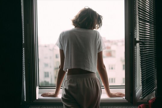 Woman stands at an open window looking out at the city