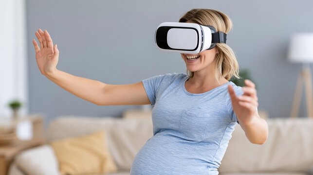 Pregnant woman enjoying virtual reality entertainment, interacting with metaverse technology at home