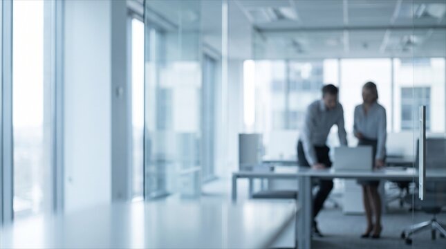 Blurred modern corporate office interior with business people collaborating in background - ideal for virtual meeting backgrounds, corporate website hero headers, and professional business presentatio