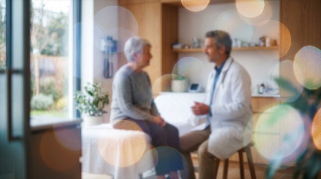 Blurred doctor consulting senior female patient in modern medical clinic with bokeh light overlay - ideal for healthcare websites, medical insurance banners, wellness advertising, and presentation bac