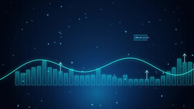 Abstract financial chart showing market growth and data fluctuations on dark blue background.
