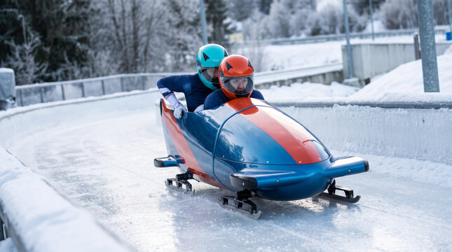 Bobsled team racing down an icy track in winter  