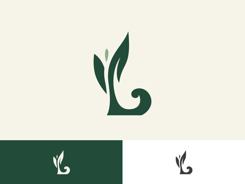 Letter L with green leaf and sprout botanical nature logo design template
