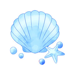 Watercolor Light Blue Scallop Shell with Starfish and Pearls Marine Life Illustration Isolated on Transparent Background for Summer Sea Coast and Nautical Theme Decoration and Stationery © Bolangmania