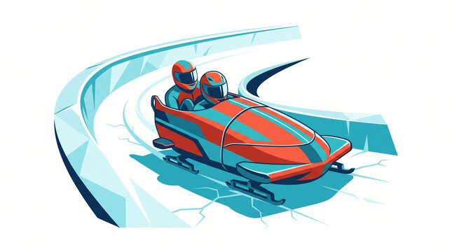 Bobsled team racing down a twisting ice track in a colorful sled  