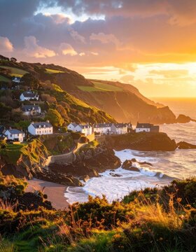 Coastal village bathed in the warm glow of a setting sun.