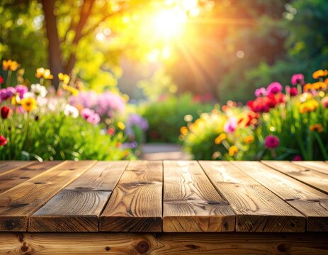 A wooden table sits in front of a vibrant garden in bloom with the sun shining brightly.