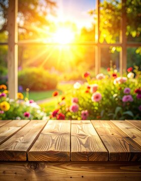 A sun-drenched garden viewed through a window with a wooden table in the foreground.