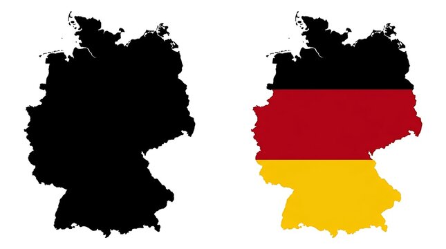 Set of germany map outline silhouette and flag shape isolated on white background