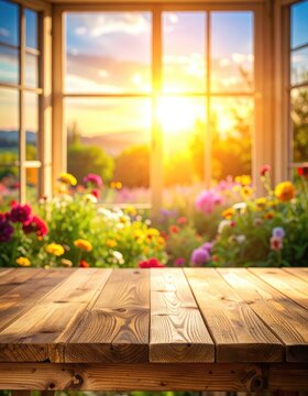 A warm sunbeam illuminates a vibrant flower garden viewed through an open window, with a wooden table in the foreground.