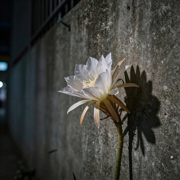 Blooming white night-blooming cereus flower casting a shadow on a concrete wall at night 