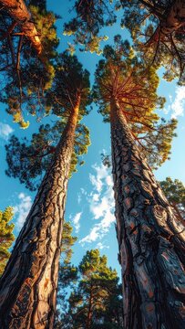 Looking up at tall pine trees towards the sky.