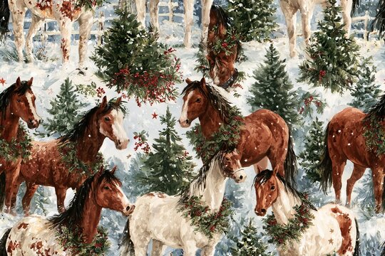 Seamless country Christmas pattern with horses wearing evergreen wreaths, snowy fence posts, pine trees, stars and berries in chestnut, green, cranberry and cream, rustic watercolor ranch style