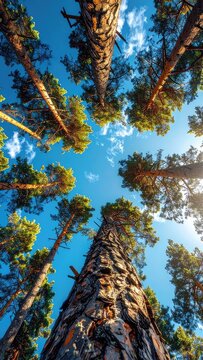 Looking up through tall pine trees towards a bright blue sky with scattered clouds.