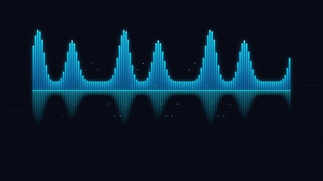 Digital blue audio waveform reflecting on dark surface during electronic music track.
