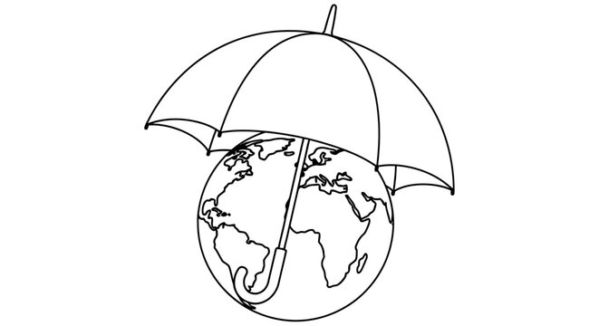Earth globe sheltered by an umbrella continuous line drawing on white background