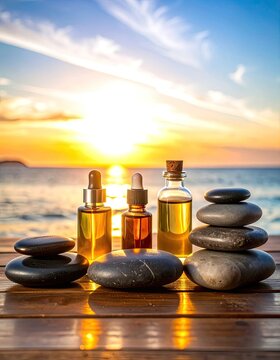 Spa massage oils and stones by the sea at sunset.