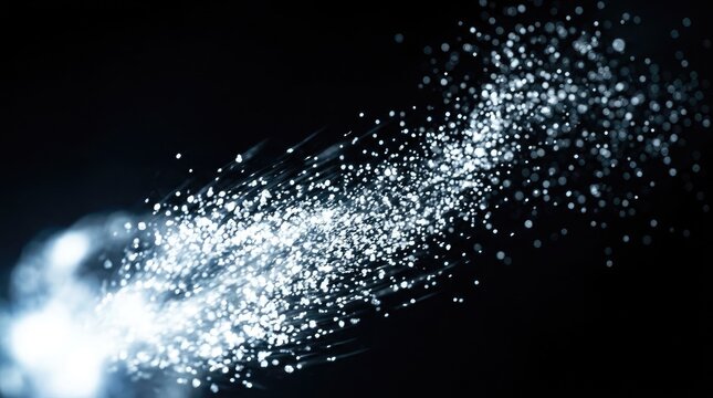 An abstract digital explosion featuring countless white particles set against a dark backdrop symbolizing data streams and groundbreaking technological advancements with a futuristic design