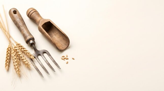 Rustic wooden garden tools, wheat ears background, agricultural concept background