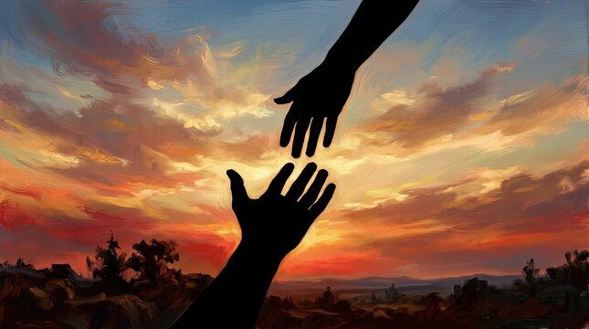 A dramatic silhouetted depiction of two hands extending towards one another set against a beautifully colorful and vibrant sunset sky symbolizing hope and human connection