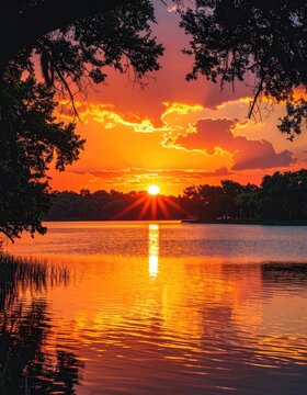 A vibrant sunset paints the sky with fiery colors over a tranquil lake, reflected in the rippling water.