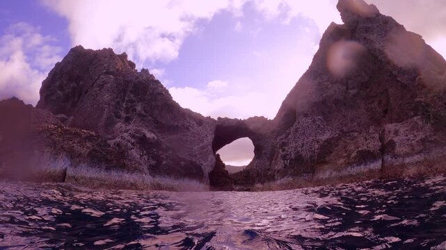 distance view look out into the Lover's cave from the outside ocean sea water surface to the surrounding view with reef rock giant mountain peek and walls during good weather clear day with blue sky a