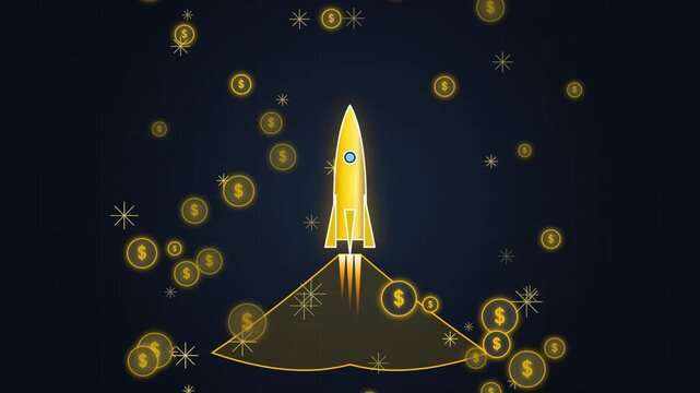 Golden rocket ship taking off through falling dollar coins on dark background motion.