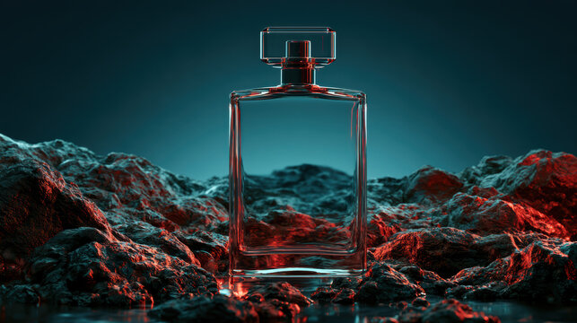 Clear glass perfume bottle on rocky surface with dramatic red and blue lighting creating mysterious and elegant atmosphere