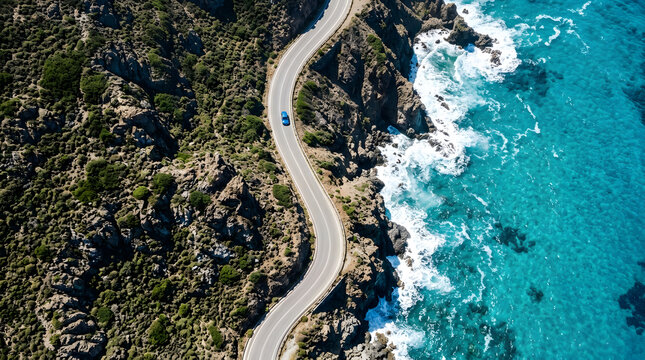 Coastal Drive Serenity: A winding road hugs the rugged coastline, with a lone car traversing the scenic route beside the turquoise sea and crashing waves.
