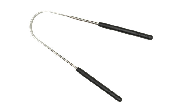 Stainless steel tongue scraper with black handles isolated PNG