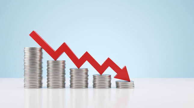 Coins stacked decrease financial loss concept with red arrow. Finance investment recession crisis. money budget saving expense, value reduction down decayed, risk loss