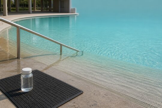 Public pool water quality testing sample bottle beside a textured accessible ramp