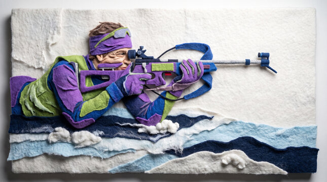 Biathlete in colorful gear aiming a rifle on snowy terrain  