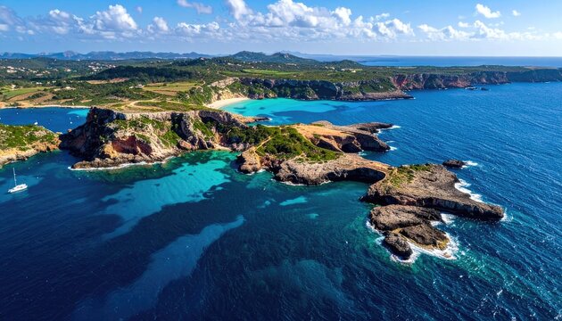 Aerial view of a pristine coastal landscape with turquoise waters and rugged cliffs.