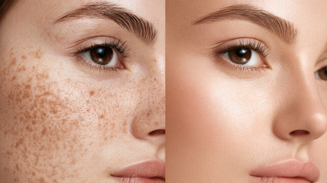 Close up of female face with freckles and smooth skin, showing natural beauty and skin texture in soft lighting