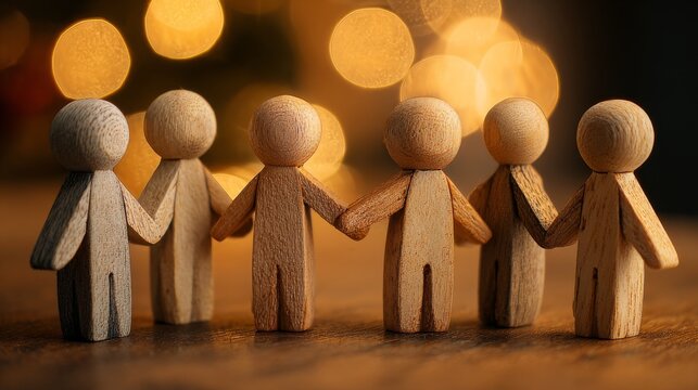 Wooden figures holding hands representing community, unity, inclusion, equality, belonging, social connection, cooperation, diversity, and togetherness in warm bokeh light
