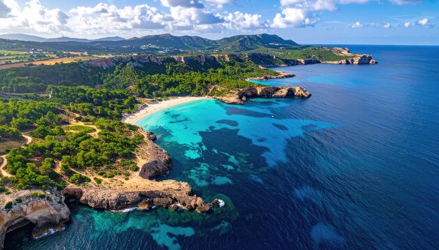 Aerial view of a secluded turquoise bay with lush green cliffs and pristine sandy beach.