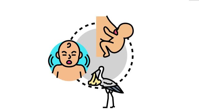 Mother holding newborn child after birth, with a baby crying and a stork delivering a bundle, representing the universal journey of new parenthood and early infancy