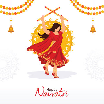 Happy Navratri Dandiya Garba Night Celebration Post Design With Character Dancing In Lehenga