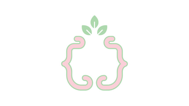 Minimalist Kalash ornament with pastel pink curly brackets and green leaves, concept for traditional Hindu spiritual symbols, ideal for festival greeting cards and wellness branding