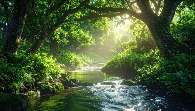 A sun-dappled forest stream flows through lush green foliage.