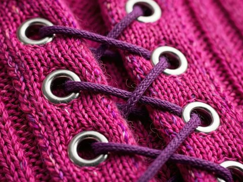 Close-up of a vibrant pink knitted fabric with purple lacing and grommets.