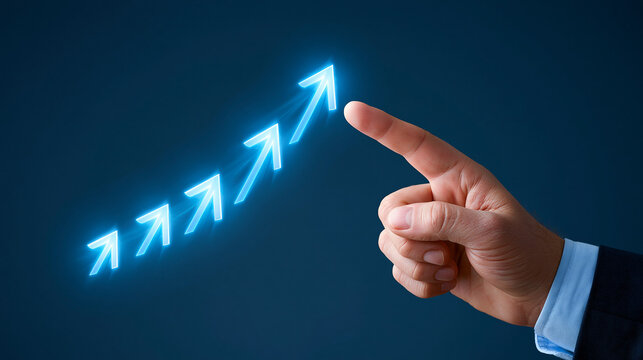 Corporate hand pointing at glowing blue arrow graph sequence for business scaling analysis and future market strategy.