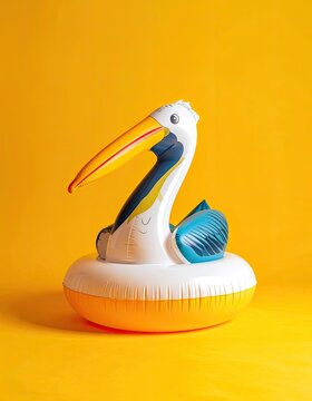 A vibrant pelican inflatable float rests on a bright yellow background.