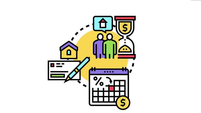 Mortgage payment concept showing people, a house icon, an hourglass with money, a calendar marking the due date, and a check with a pen, all symbolizing financial obligations