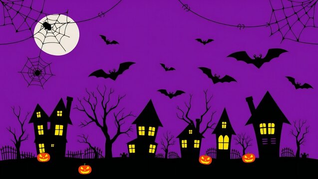 Spooky halloween night scene with haunted houses bats and pumpkins under a full moon