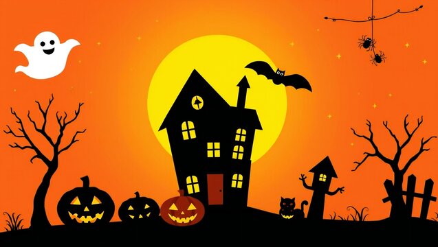 Spooky haunted house with pumpkins ghost and bat in a dark halloween night background