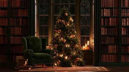 Obraz premium Christmas tree with glowing lights and ornaments beside velvet armchair, candles, leather bound books, and arched window in an old library interior