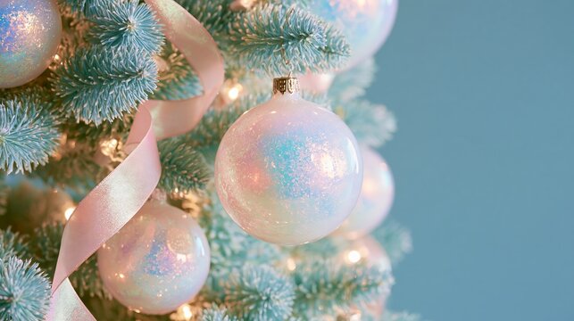 Decorated Christmas tree with iridescent opalite glass ornaments, pastel pink ribbon, blue green branches, and warm lights against a clean blue background