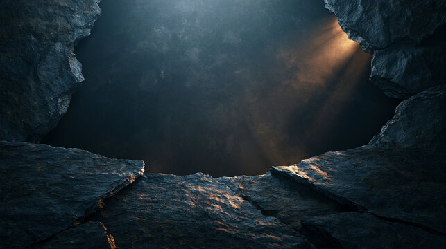 Cracked rock cave entrance with dramatic light rays illuminating dark interior space creating mysterious and adventurous atmosphere for concepts.